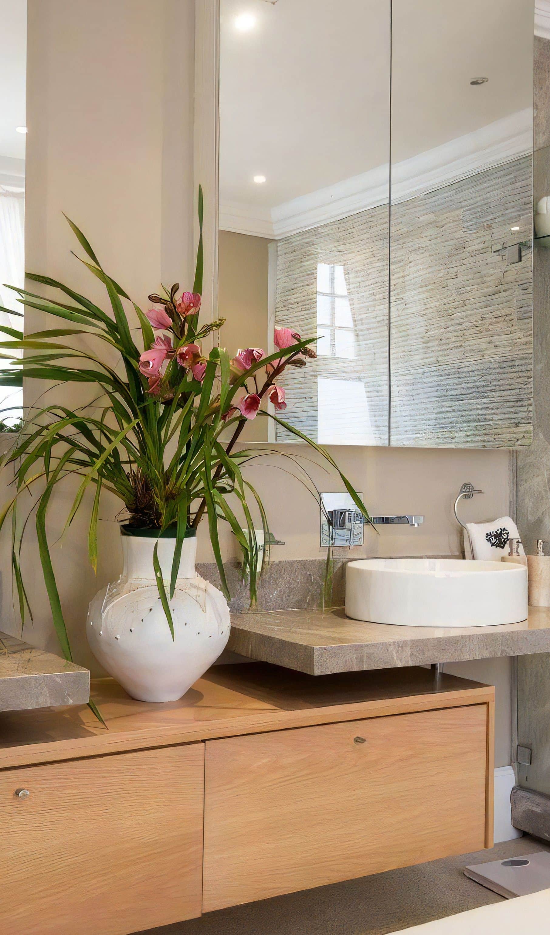 Bathroom vanity with a round basin on a stone counter, oak drawers and a vase of pink orchids